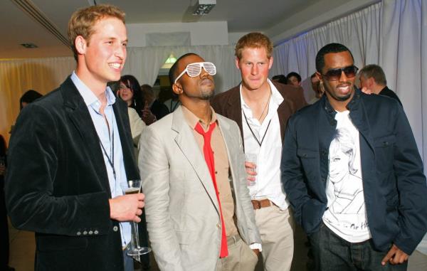 Prince William, Kanye West, Prince Harry and P Diddy posing together at a backstage party at Wembley Arena in London