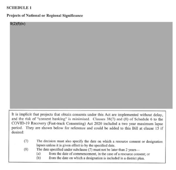 The final page of the OIA response appears to show a redacted list of infrastructure projects proposed for fast-track approval.