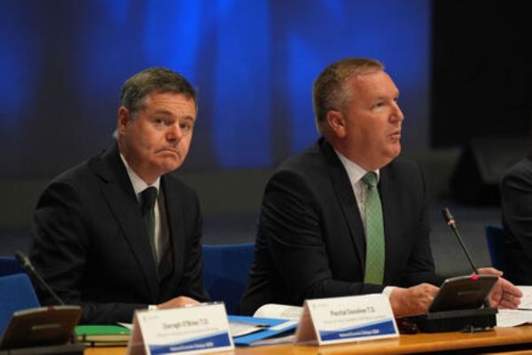 Public Expenditure Minister Paschal Donohoe and Finance Minister Michael McGrath at the National Economic Dialogue at the printworks at Dublin Castle last Monday. Picture: Niall Carson/PA